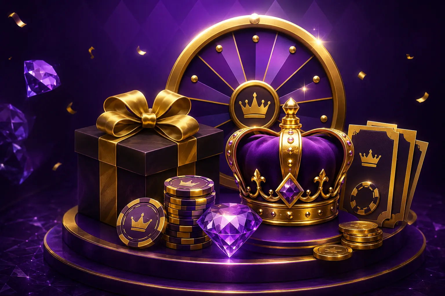 Purple and gold CrownJewelz bonus illustration with prize wheel, crown, gift box, chips and gemstones